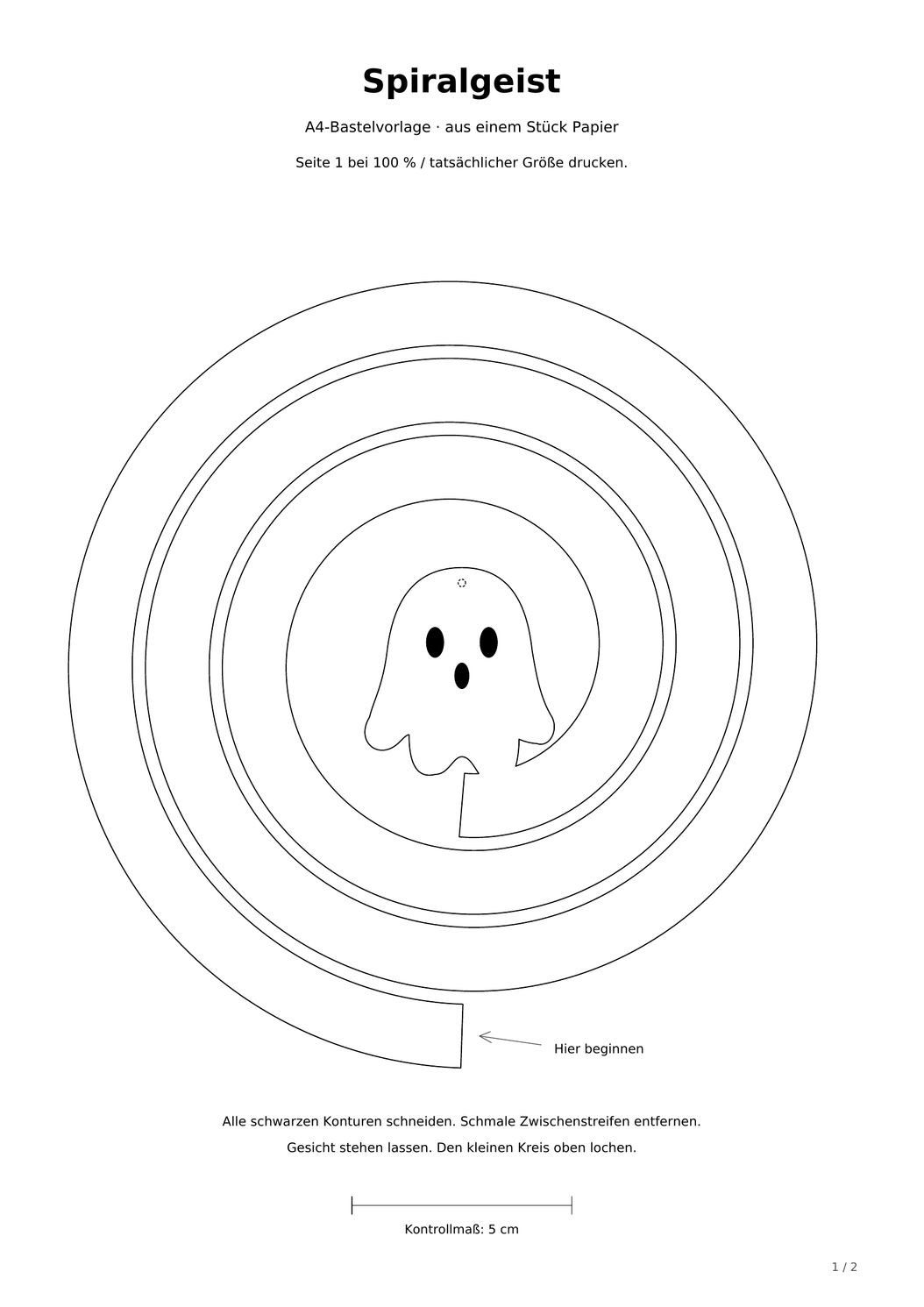 Bastelvorlage Spiralgeist: die auszuschneidende Papierspirale mit Gesicht aus einem Stück Papier.
