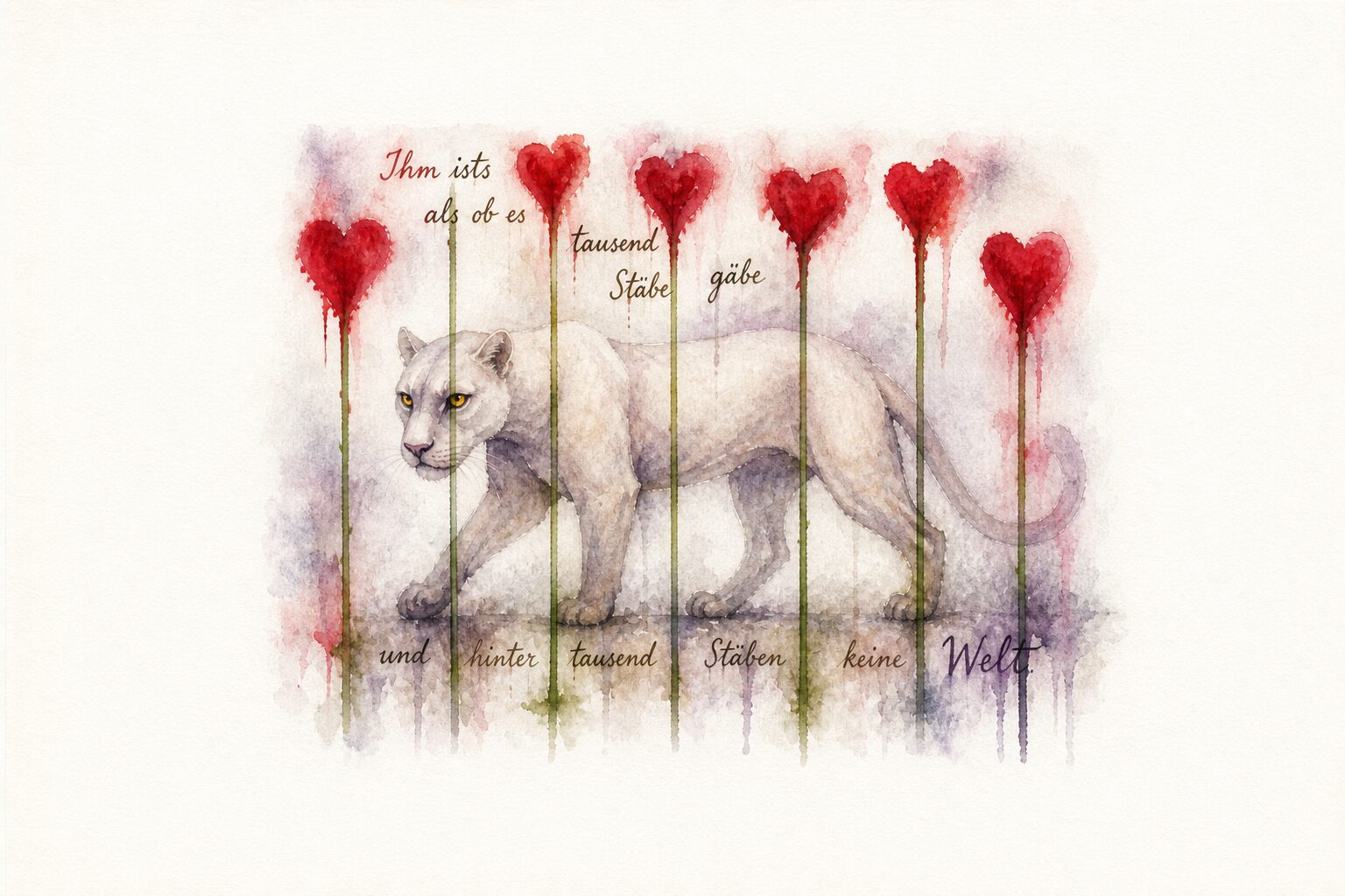 Weißes Panther-Aquarell mit Papierrand, Rosenherz-Stäben und nass-in-nass Schriftfetzen