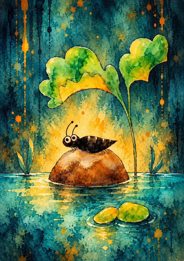 Aquarell: dunkler Käfer mit großen Augen auf einem Stein im Wasser, große grüne Blätter darüber, zwei Seerosenblätter, türkiser Grund mit goldenen Tropfen