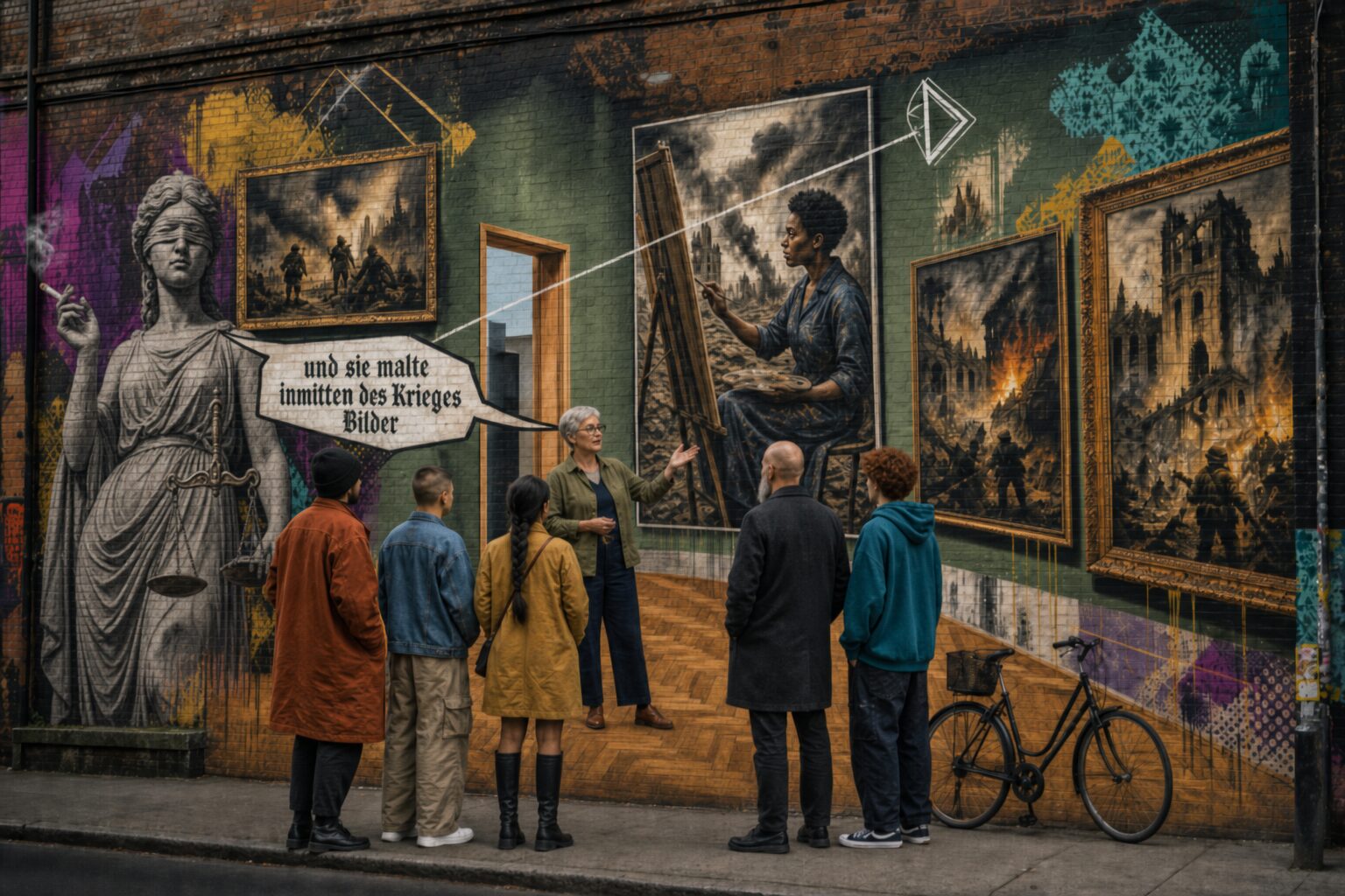 Street-Art-Mural einer Museumsszene: Kriegsbilder an der Wand, eine malende Künstlerin im zentralen Bild, Justitia mit Augenbinde und Zigarette