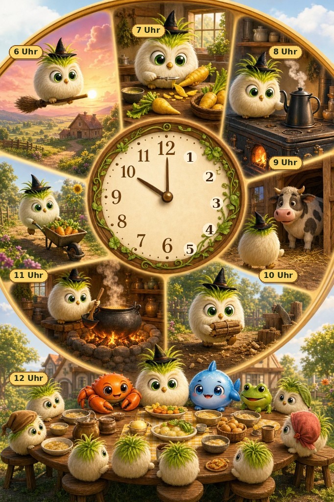 Pflumi als kleine Hex' um eine Bauernhof-Uhr: Karotten schaben, Kaffee kochen, Scheune, Holz, Kochtopf, dann Tisch mit Krabbi und Sprudelhai