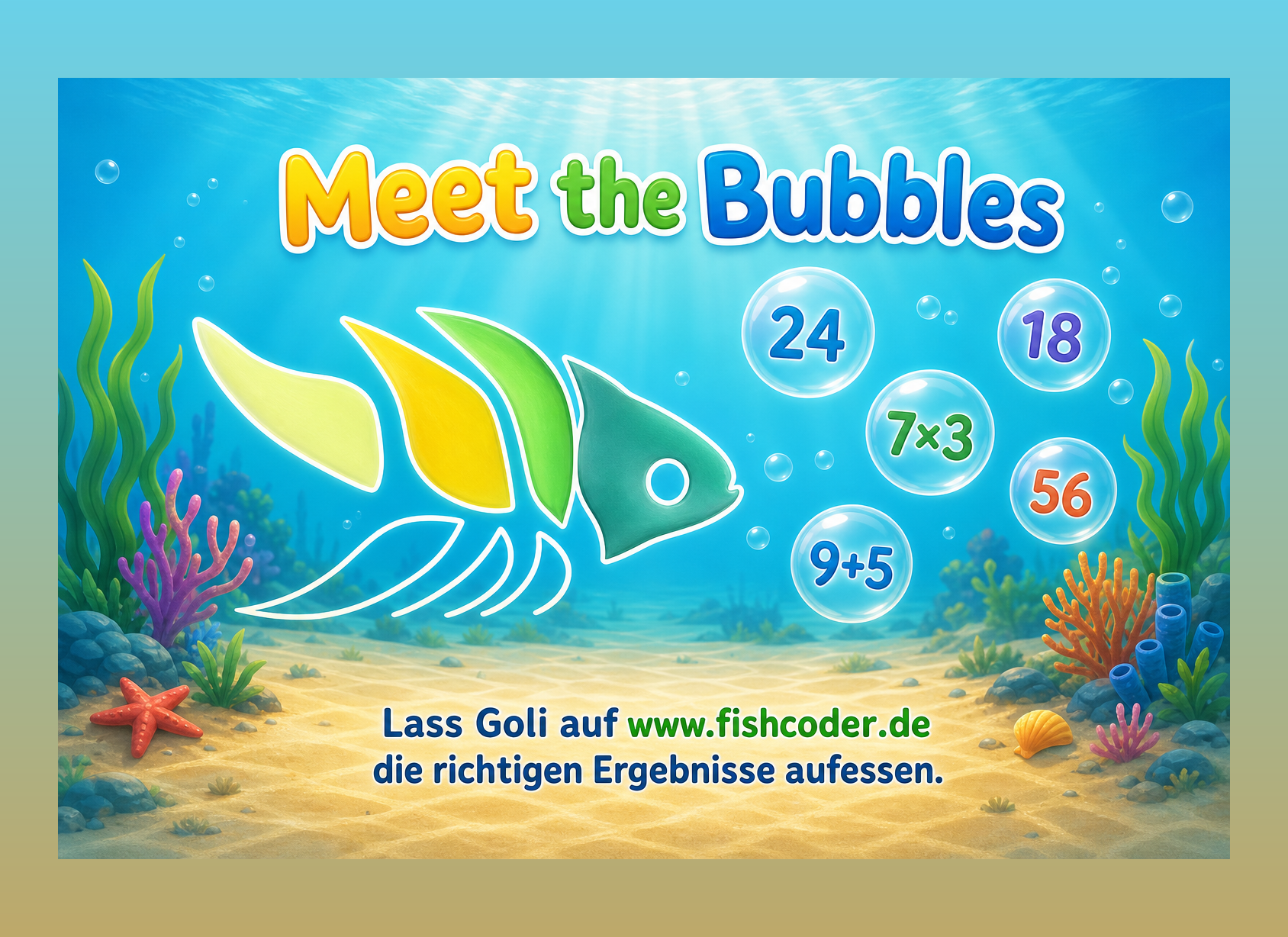Fishcoder-Fisch Goli schwimmt zu Zahlenblasen – Meet the Bubbles